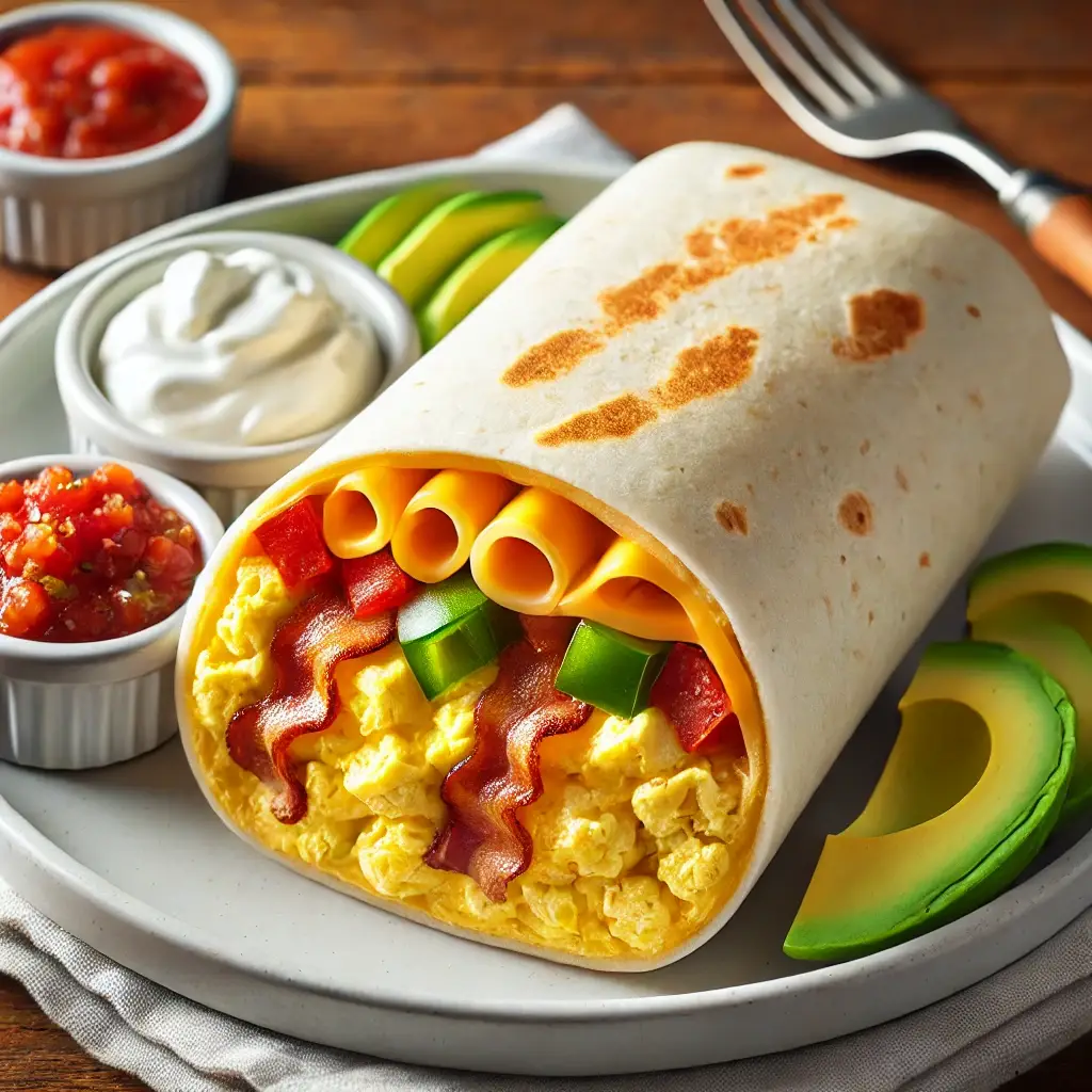 DALL·E 2024-10-19 23.08.01 - A simple breakfast burrito on a white plate. The burrito is cut in half to show the filling, which includes scrambled eggs, melted cheddar cheese, sau